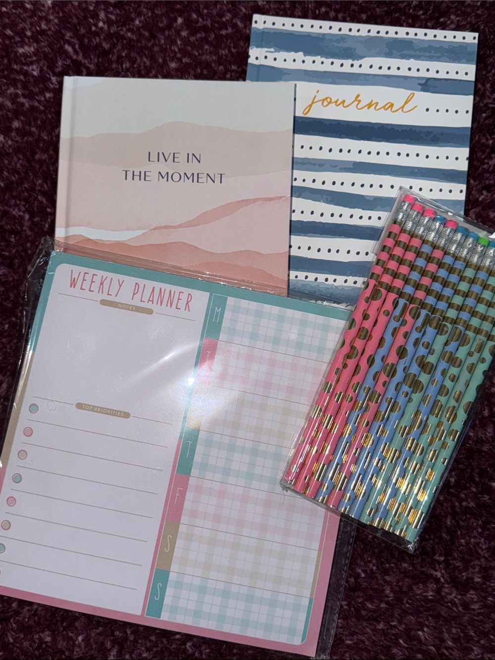 2 Journals & Weekly Planner Set in Blue, Pink, and White w/12 pencils included!